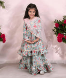 Green Printed Kurti With Lehenga For Girls