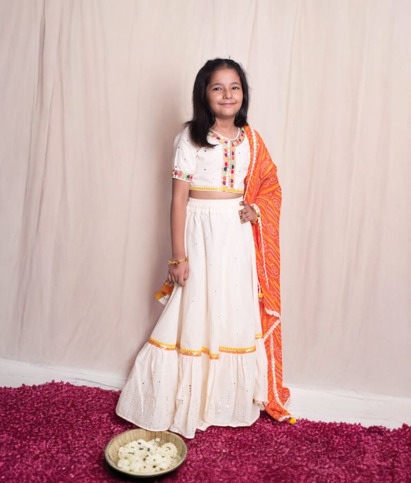 Off White Faux Mukaish Work Top & Skirt For Girls