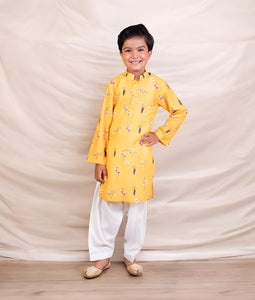 Yellow Printed Kurta With Salwar For Boys