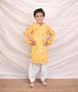 Yellow Printed Kurta With Salwar For Boys