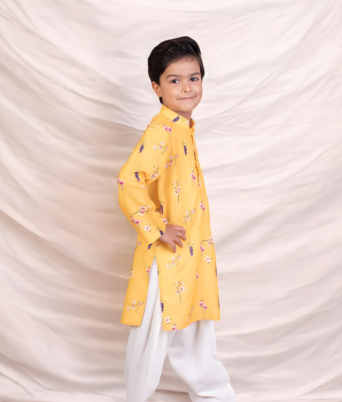 Yellow Printed Kurta With Salwar For Boys