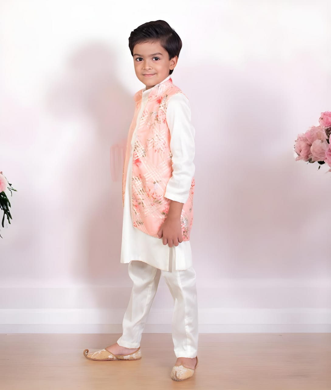 Peach Printed Jacket Set For Boys