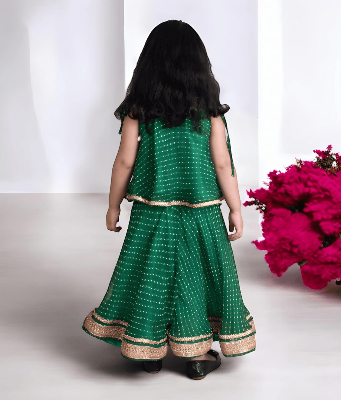 Green Bandhej Top With Skirt For Girls