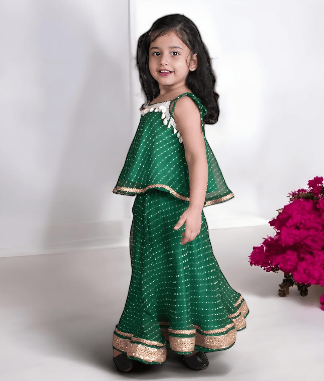 Green Bandhej Top With Skirt For Girls