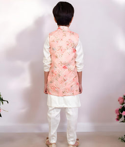 Peach Printed Jacket Set For Boys