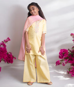 Yellow Faux Mukaish Work Kurti With Sharara