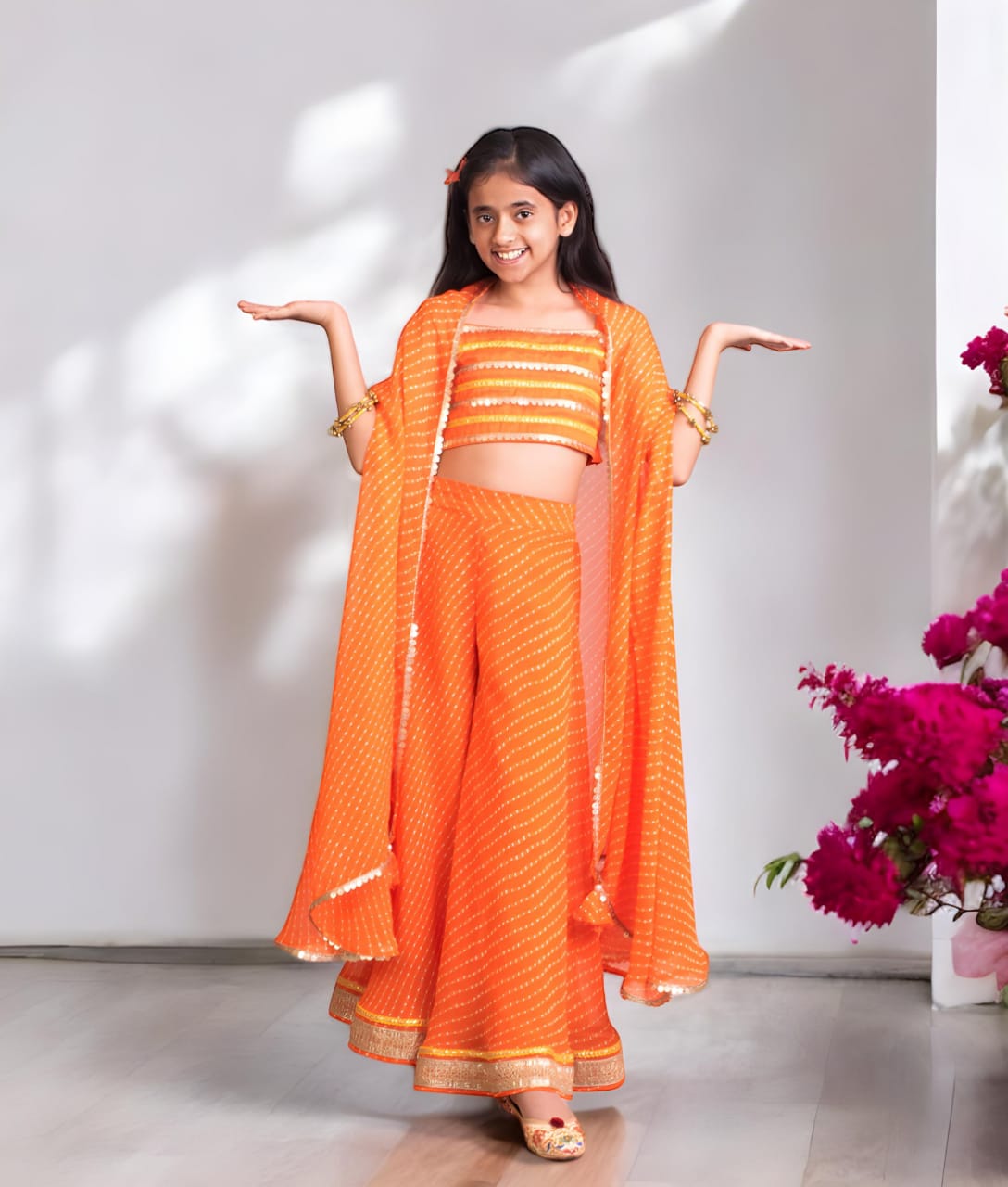 Orange Crop Top Sharara Set With Cape