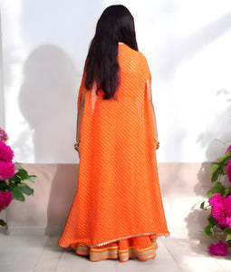 Orange Crop Top Sharara Set With Cape