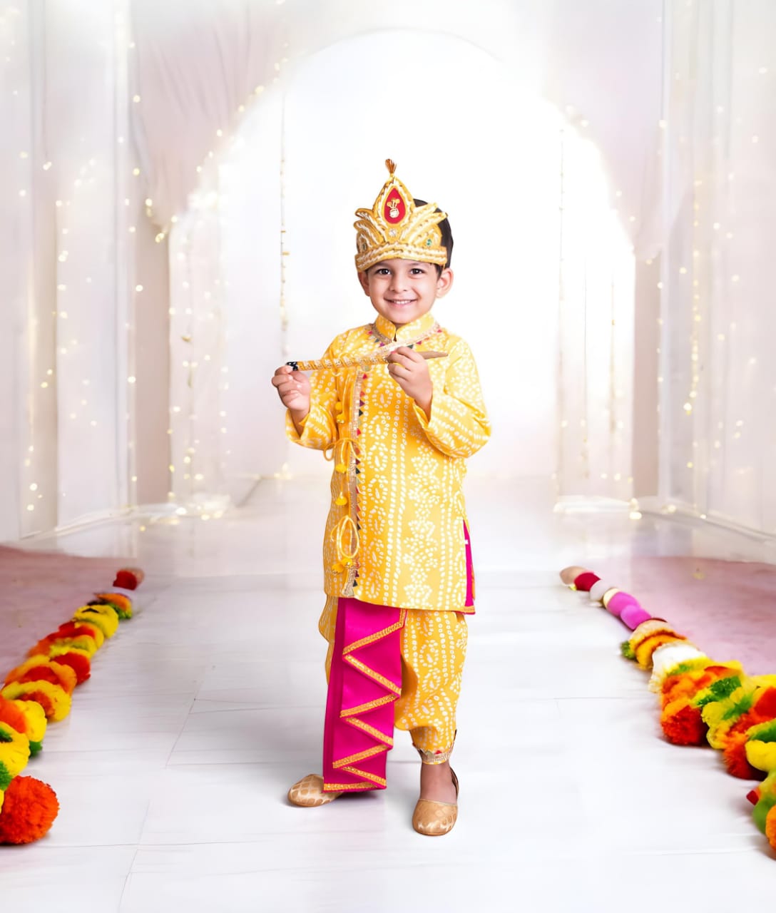 Yellow Bandhej Kurta With Dhoti