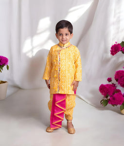 Yellow Bandhej Kurta With Dhoti