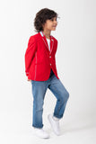 RED BLAZER WITH CONTRAST DETAILING ON COLLAR