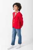 RED BLAZER WITH CONTRAST DETAILING ON COLLAR