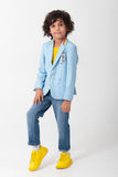 POWDER BLUE BLAZER WITH RAINBOW COLLAR AND RAINBOW ZEBRA EMBROIDERY