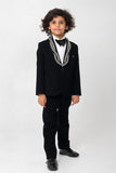 BOLD AND VERY FANCY CONTRAST BLACK AND WHITE  PIPING DETAILING ON COLLAR. TUXEDO IN BLACK