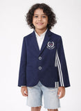 SCHOOL BOY LOOK NAVY BLAZER WITH LOGO AND PIPING DETAIL
