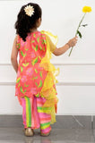 Coral Pink Striped Pleats Enhanced Scalloped Kurti And Tulip Dhoti With Ruffle Dupatta