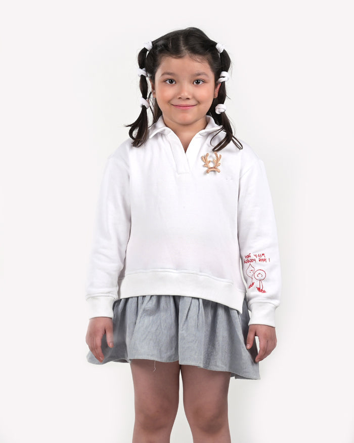 Vanilla Cotton Fleece Sweatshirt Dress With Detachable Reindeer Patch, White