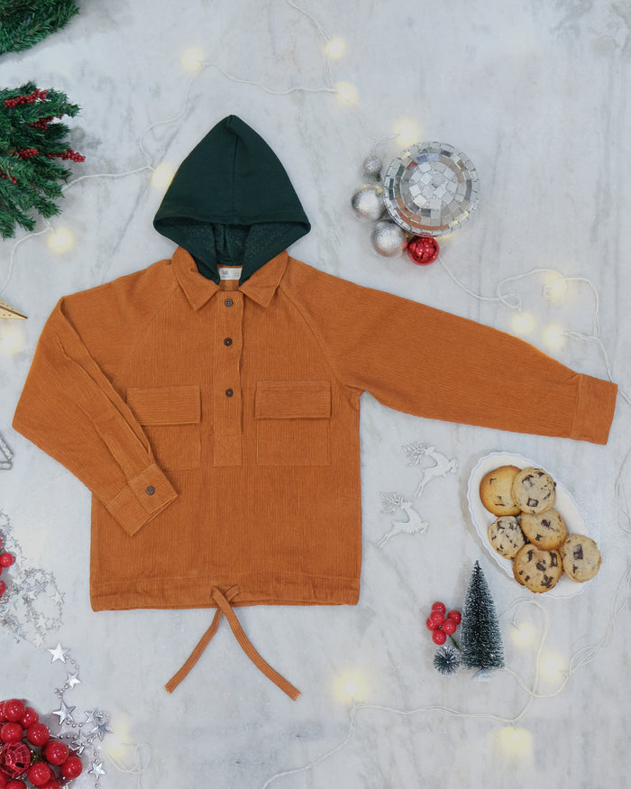 Pumpkin Spice Cotton Corduroy Unisex Winter Shirt With Detachable Hood, Orange