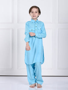 Ziaan Light Blue Pathani Kurta Pajama Set