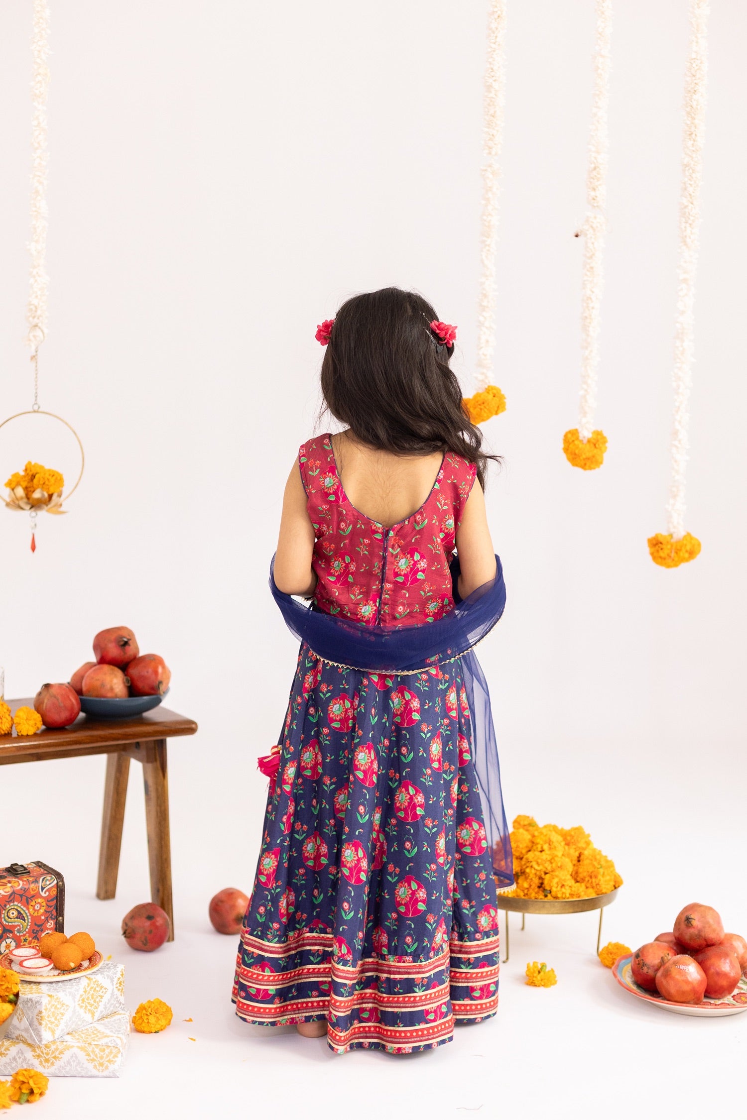 Multicolor  anar jaal  printed muslin lehenga  set-set of 3