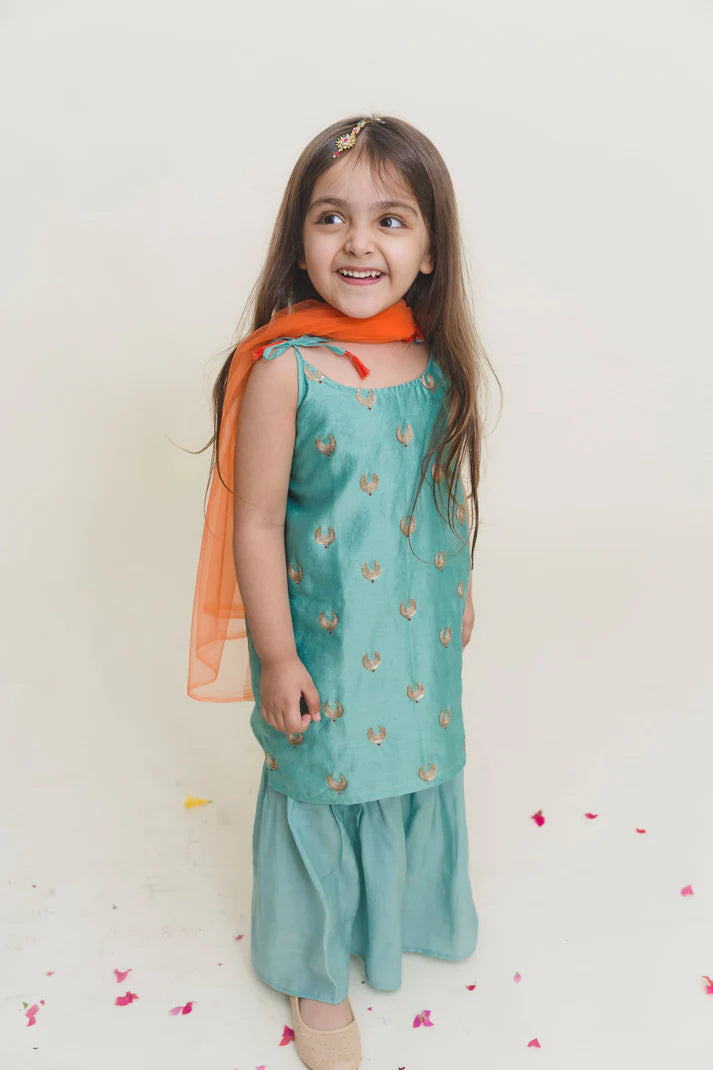 Girls Festive Chanderi Kurta And Sharara Set