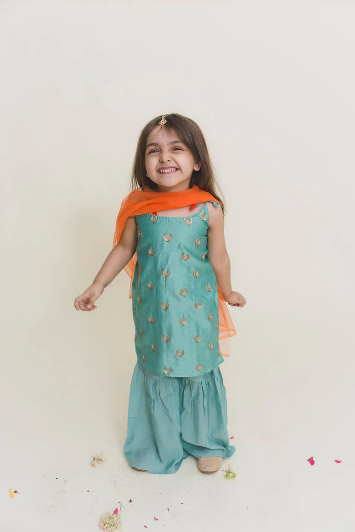 Girls Festive Chanderi Kurta And Sharara Set