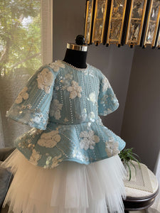 Ice Blue And White Flowers Sequence Embroidery Dress