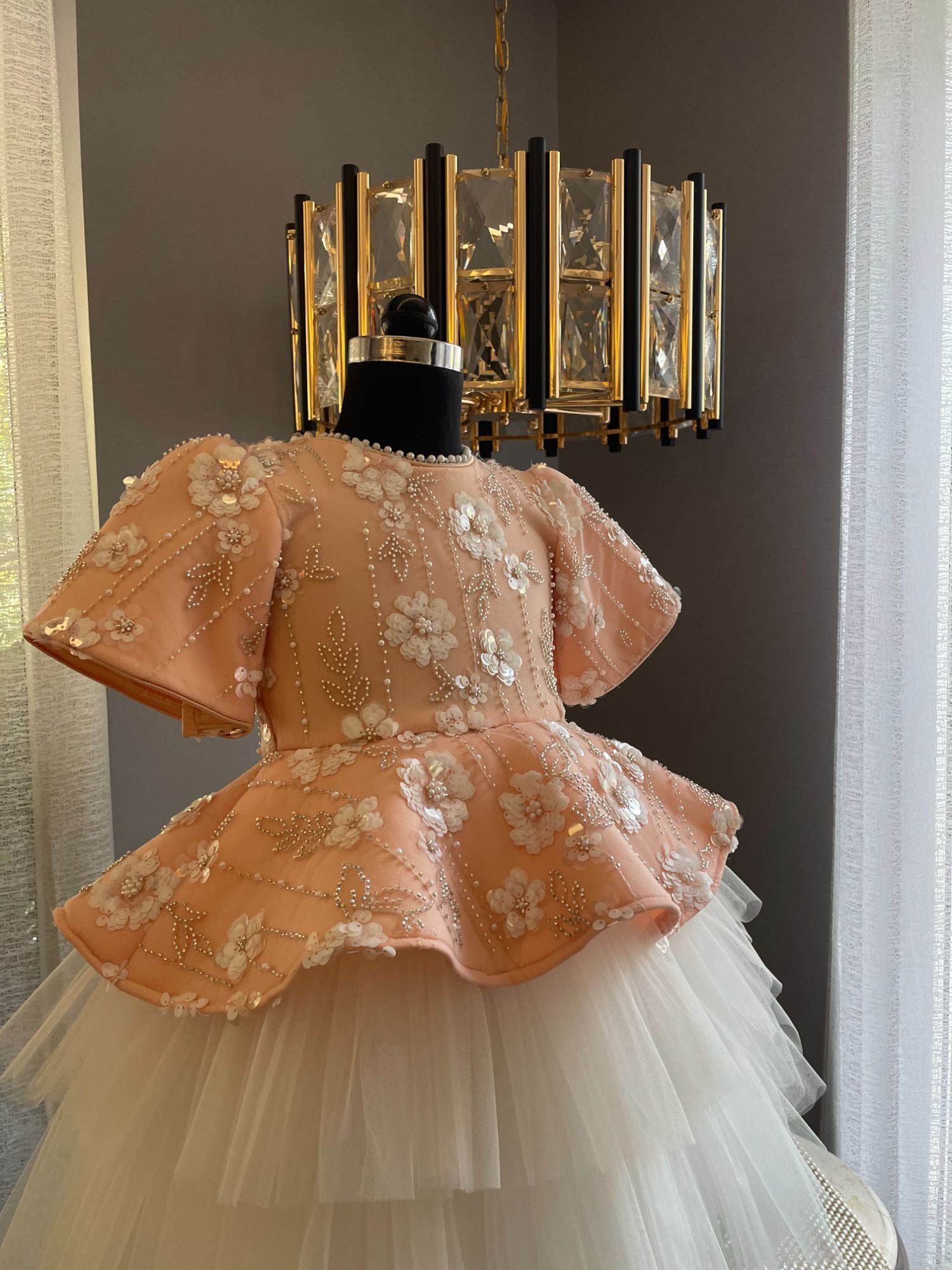 Peach And Ivory Sequence Flowers Dress