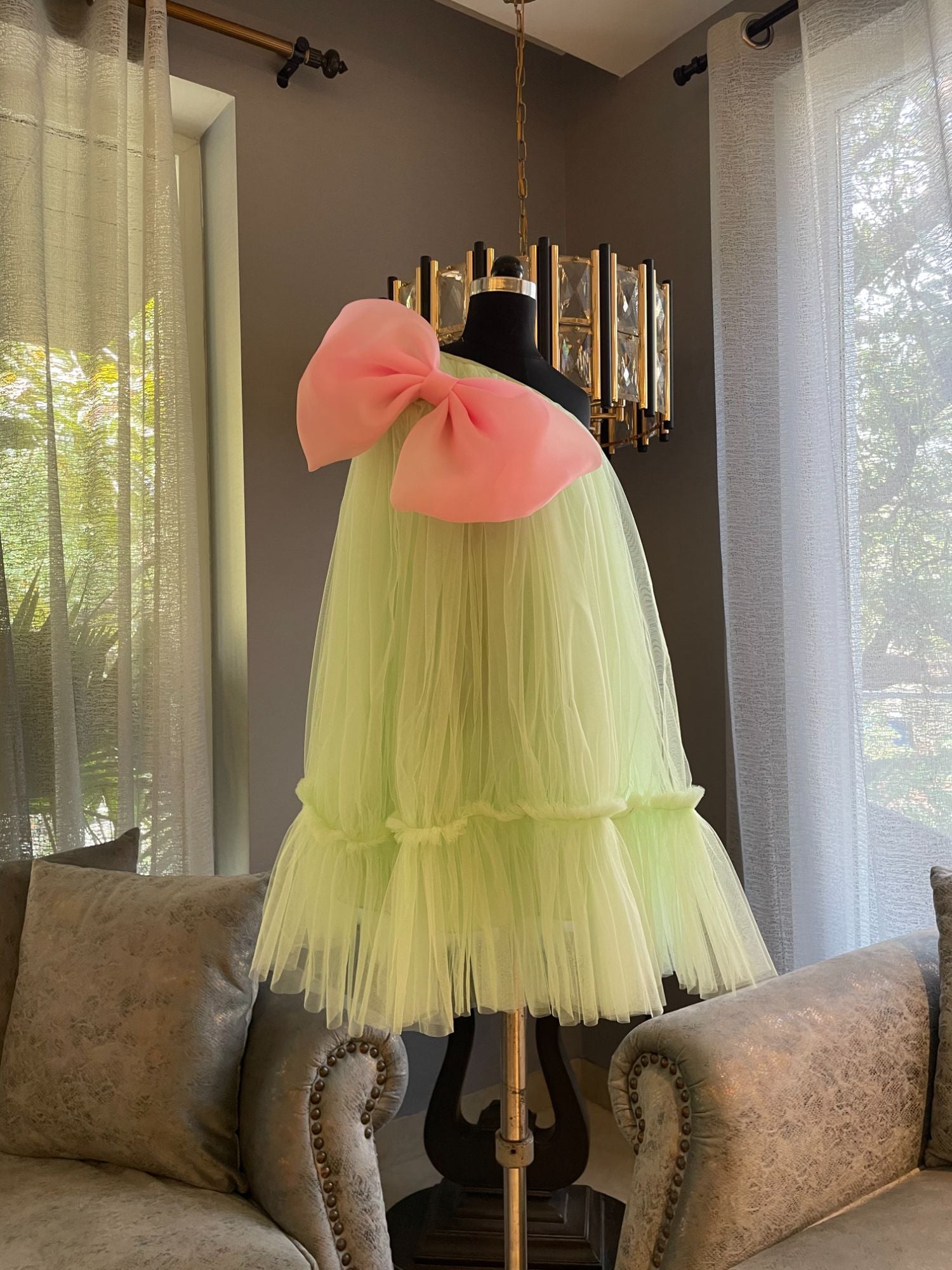 Green And Pink Bow One Shoulder Dress