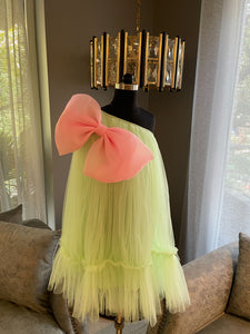 Green And Pink Bow One Shoulder Dress