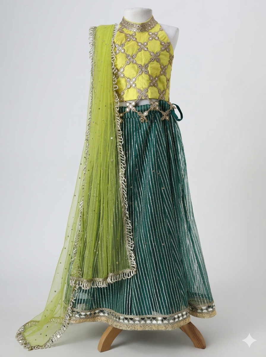 Raw silk blouse with faux mirror lace detailing and organza lehnga with gota detailing and mirrorwork border alongwith a soft net emb dupatta with pearl emb border