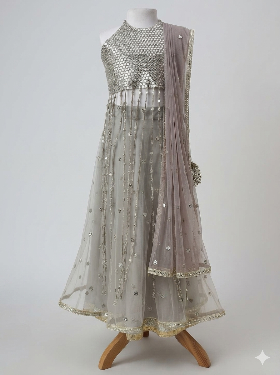 Faux mirror embroidered choli and soft net lehnga and net dupatta