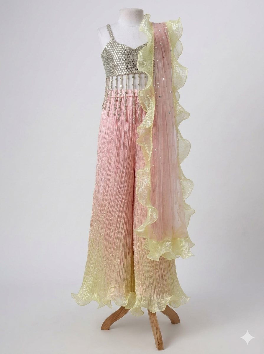 Faux mirror embroidered choli and art silk crushed Palazzo with dupatta