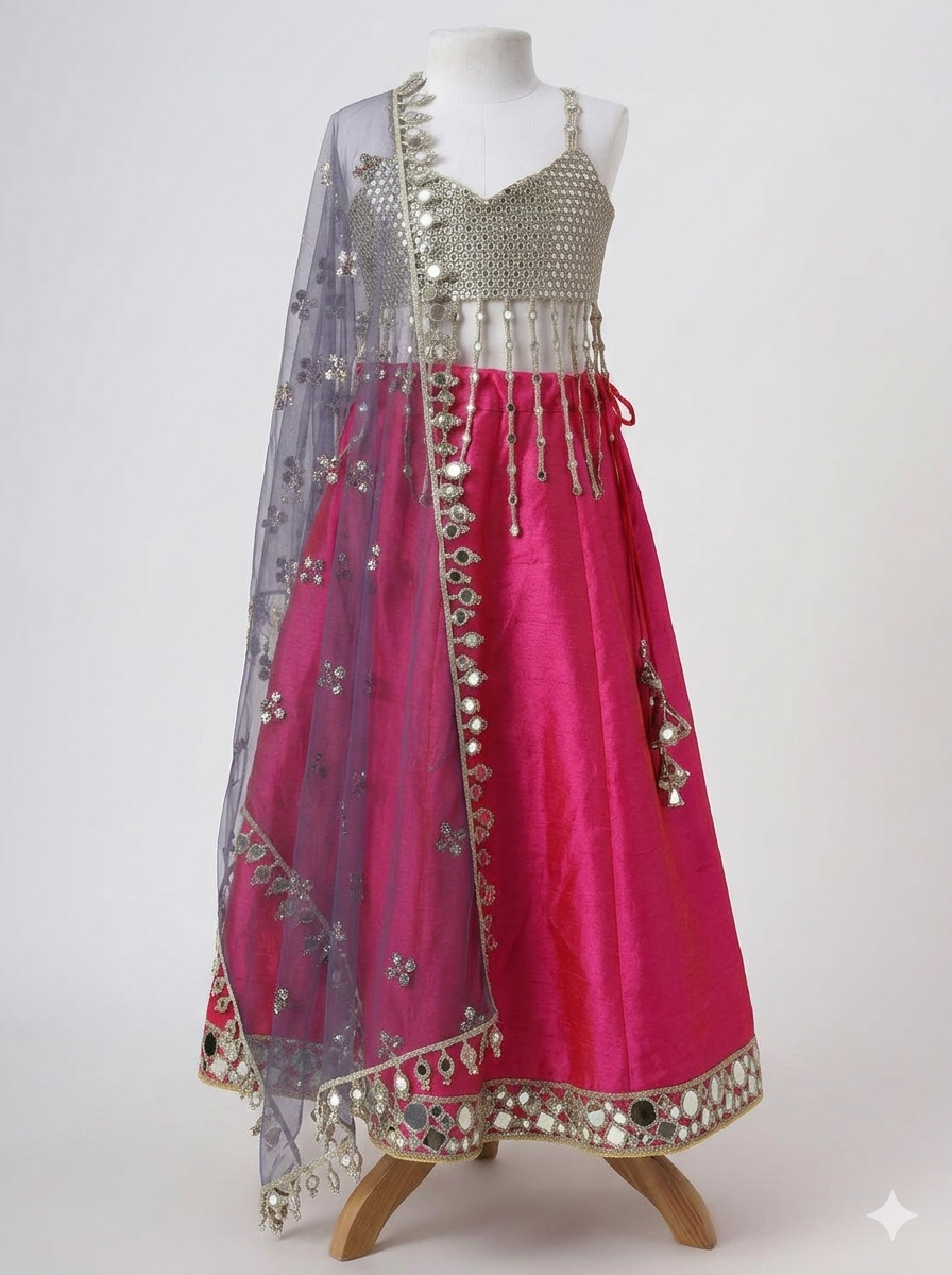Faux mirror embroidered choli and raw silk lehenga with soft net dupatta