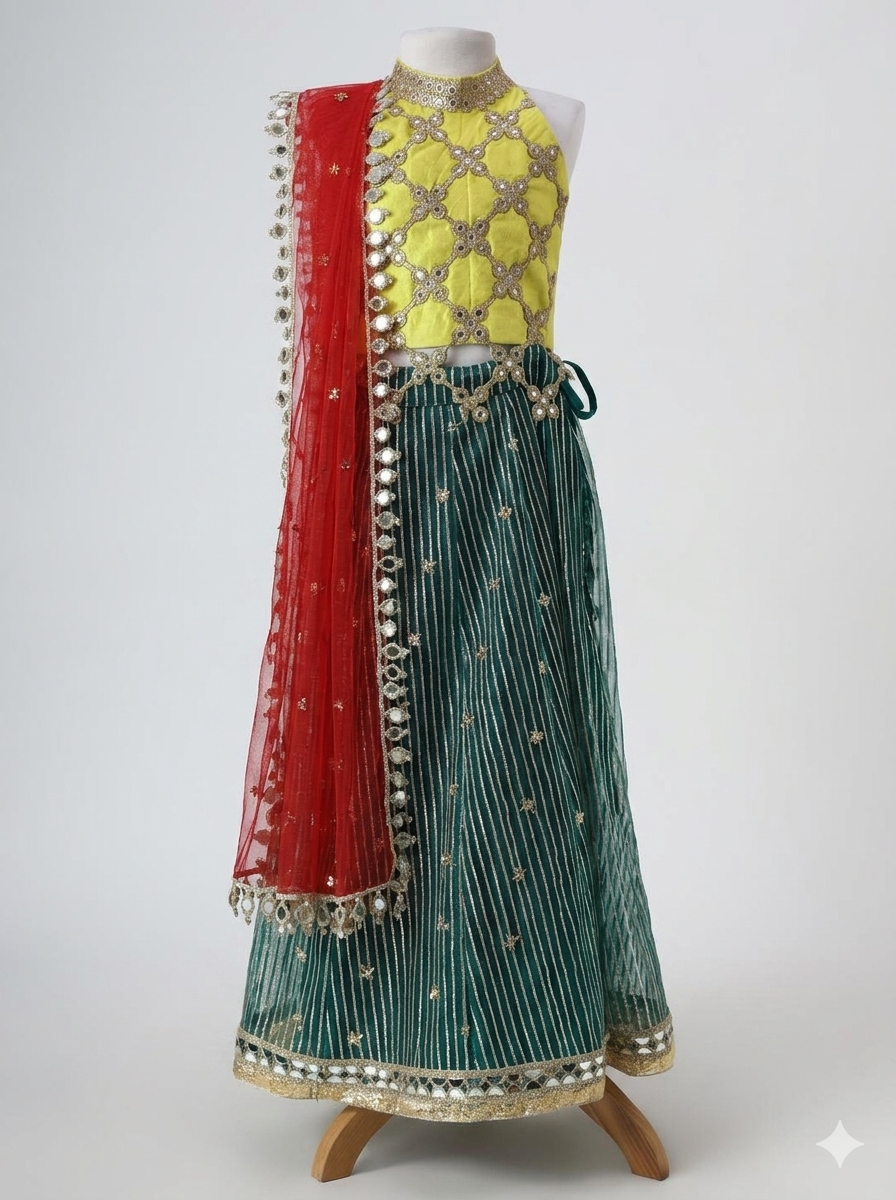 Raw silk blouse with faux mirror lace detailing and organza lehnga with gota detailing and mirrorwork border alongwith a soft net emb dupatta with pearl emb border
