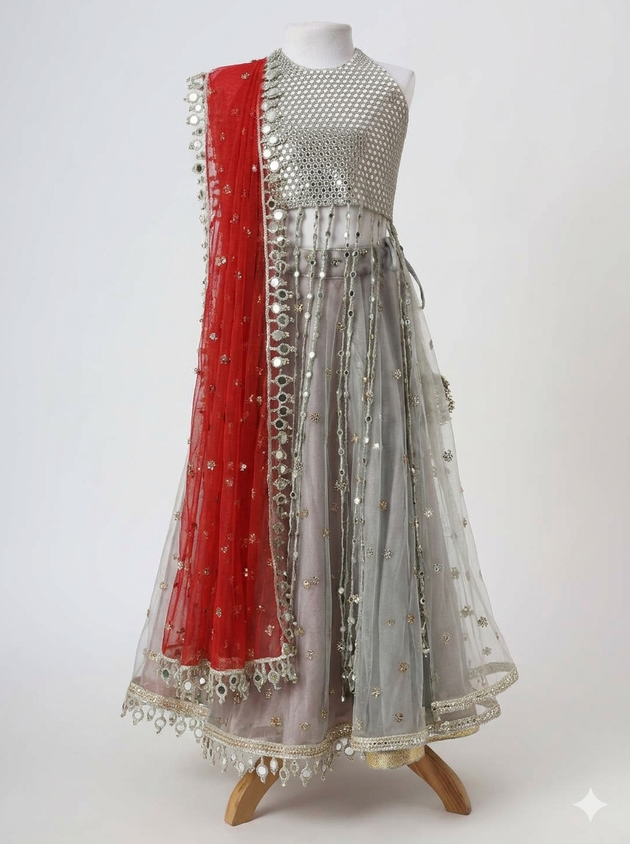 Faux mirror embroidered choli and soft net lehnga and net dupatta