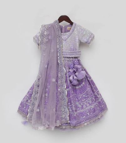 Lilac Thread Work Lehenga For Girls