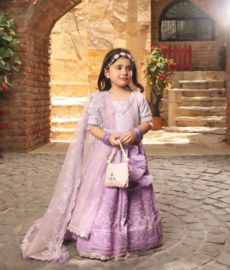 Lilac Thread Work Lehenga For Girls