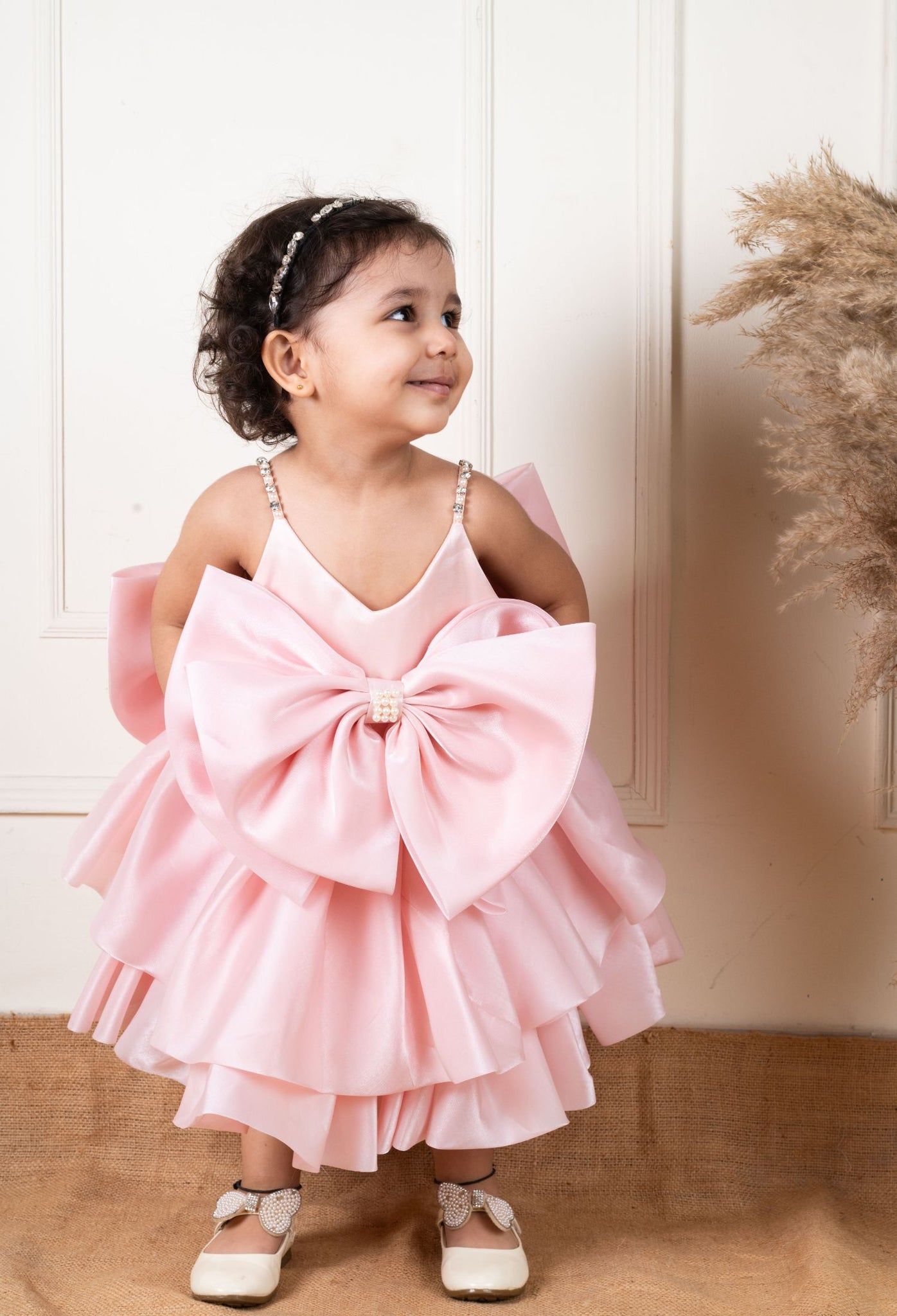 Peach Bow Double Layered Dress