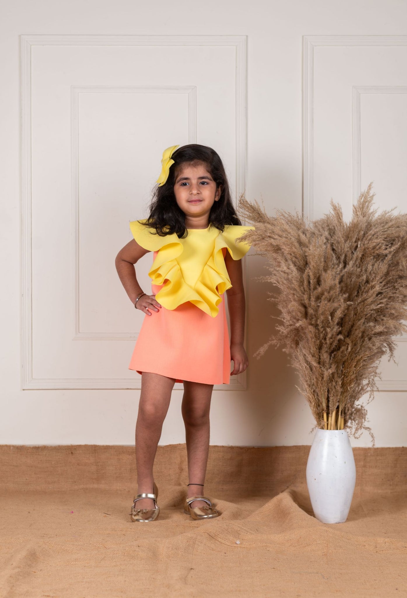 peach yellow ruffle straight dress