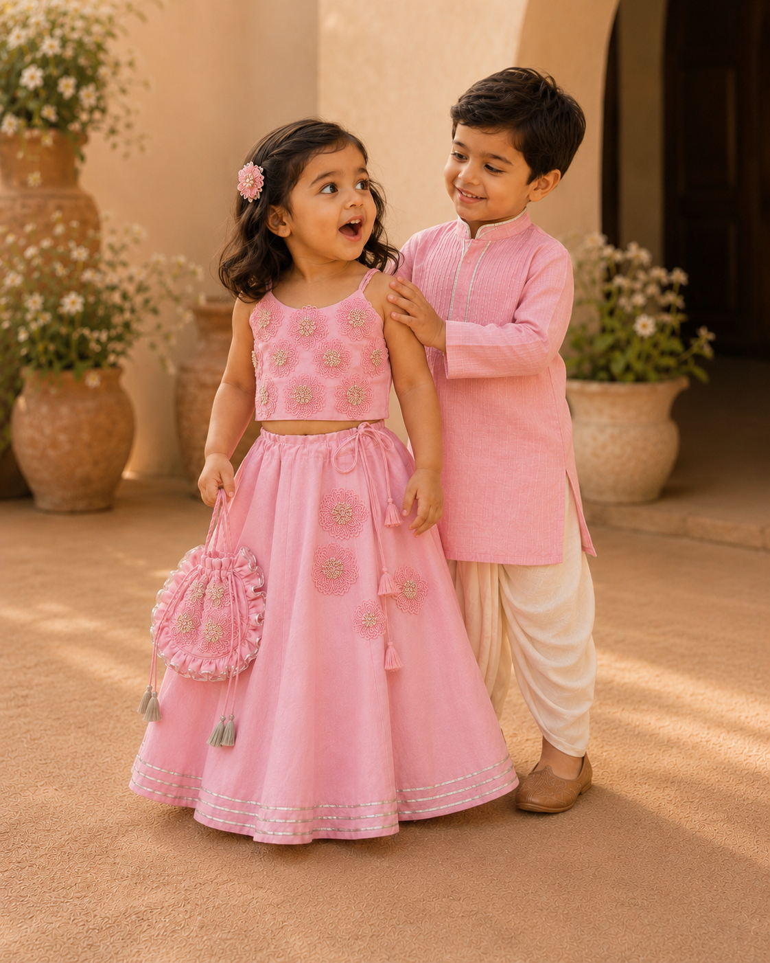 Pink pintuck kurta  and dhoti set