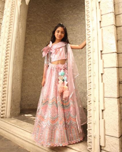 Pink Sequence Embroidery Crop Top Skirt For Girls