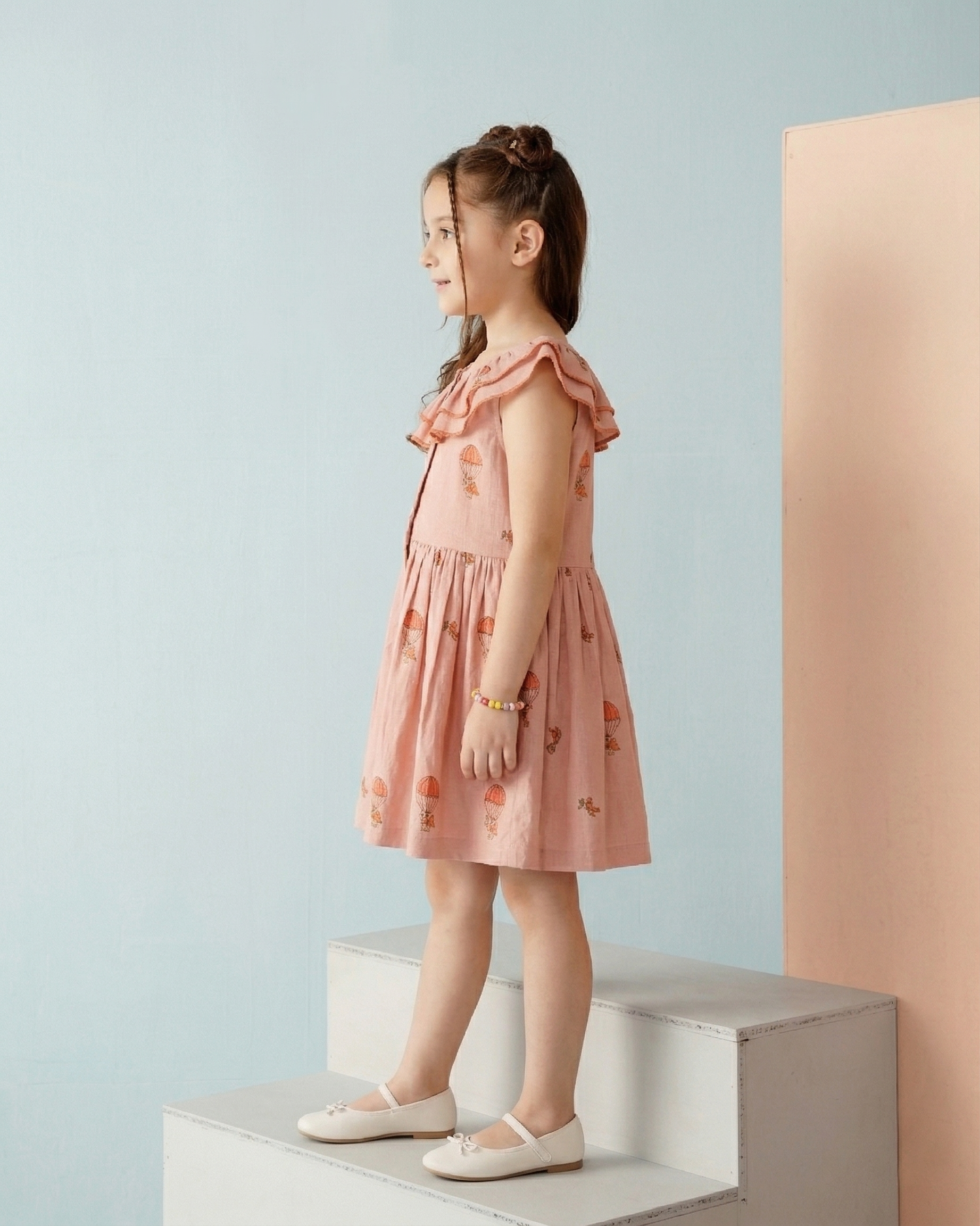 GIRL'S PEACH BALLOON RUFFLE COLLAR DRESS