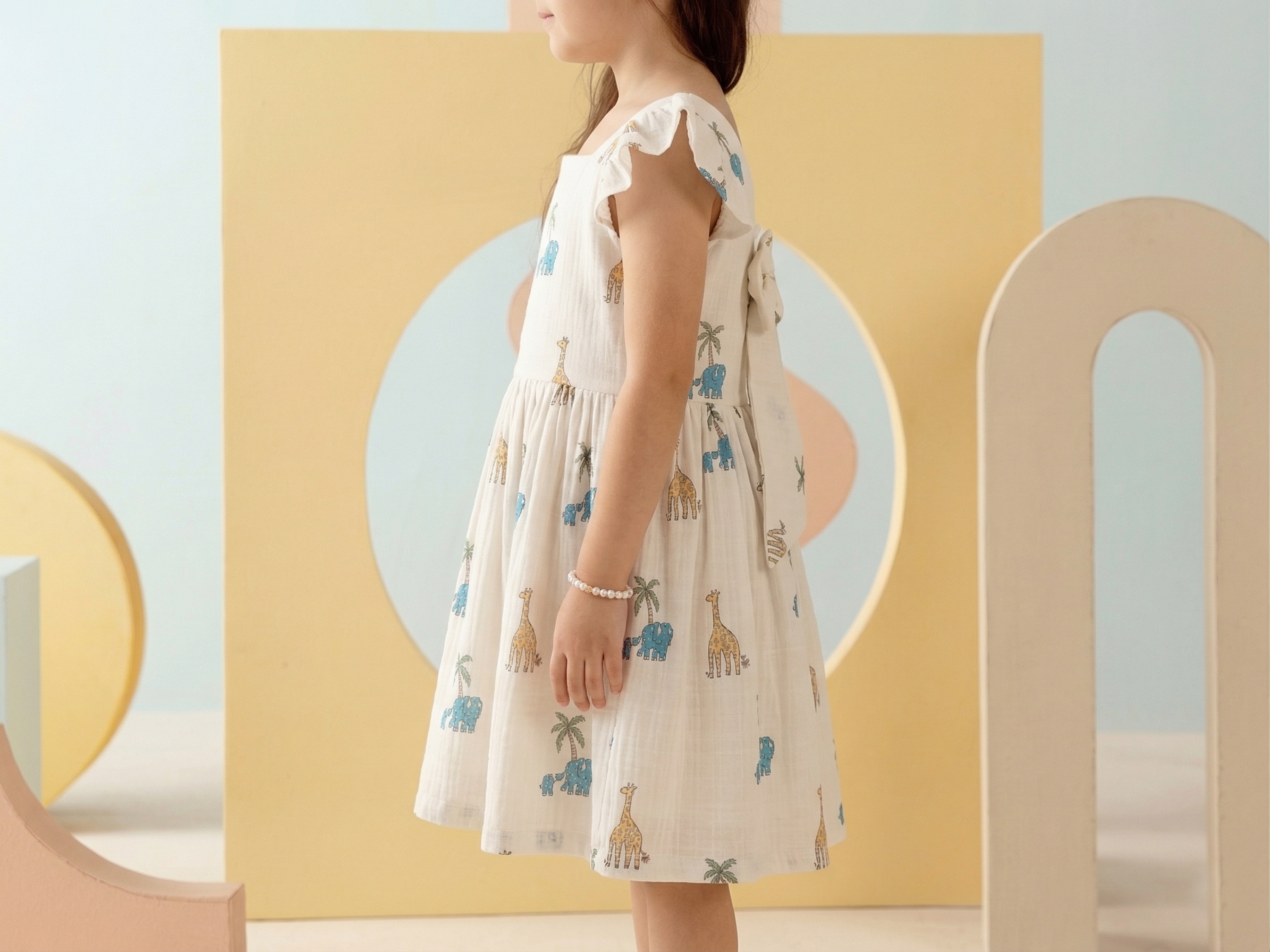 GIRAFFE PRINTED GIRLS GATHERED DRESS