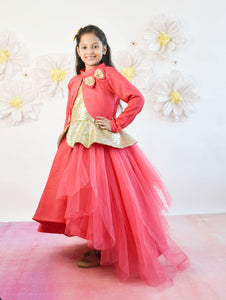 Coral Pink Net Gown With Shrug