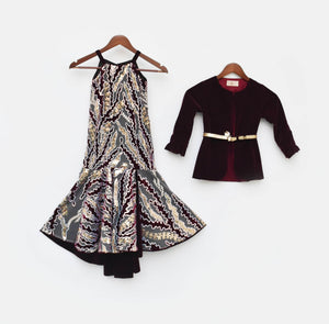 Wine Velvet Sequins Embroidery Gown And Jacket