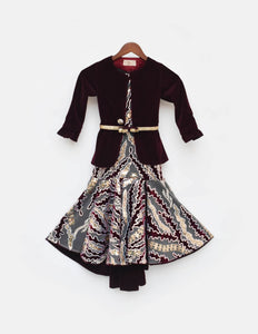 Wine Velvet Sequins Embroidery Gown And Jacket