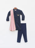 Blue Silk Ajkan With Pant And Pink Stole