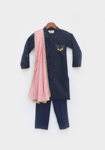 Blue Silk Ajkan With Pant And Pink Stole