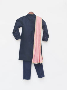 Blue Silk Ajkan With Pant And Pink Stole